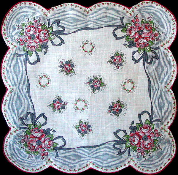 Bows Roses Vintage Handkerchief Sculpted Hand Rolled