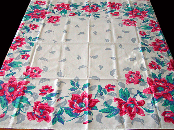 Big Red Poppies Border Vintage Tablecloth 47x51