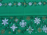 Festive Silver Gold Snowflakes on Green Vintage Tablecloth 53x62