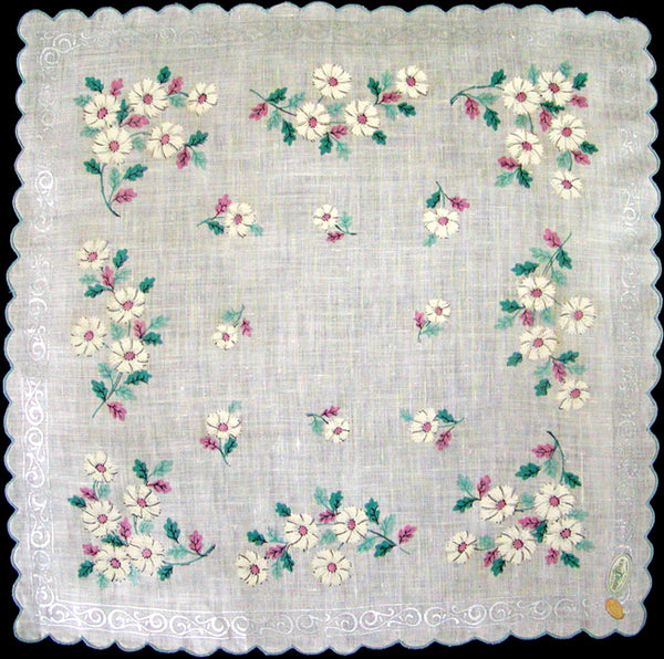Floral w Silver Scrolls on Irish Linen Vintage Handkerchief