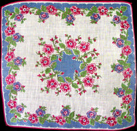 Blue & Red Floral Irish Linen Vintage Handkerchief