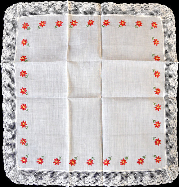 Christmas Poinsettias Border w Lace Vintage Handkerchief