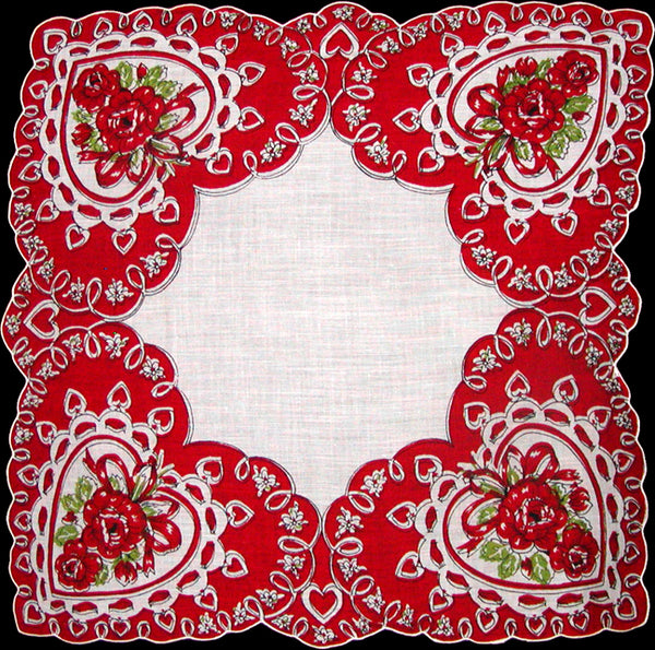 Red Roses & Hearts Vintage Valentine Handkerchief