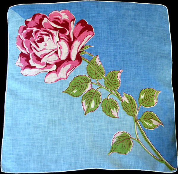 Pink Rose on Blue Irish Linen Vintage Handkerchief