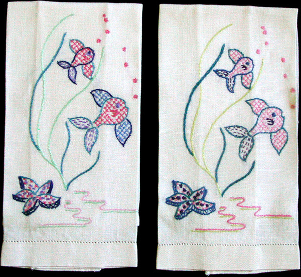 Starfish & Fish Embroidered Vintage Linen Towels, Pair