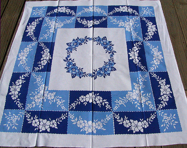 Blue & White Floral Laurels Startex Vintage Tablecloth 46x50