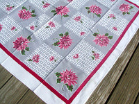 Gray & White Checkered Dahlias Vintage Tablecloth, Startex 46x48