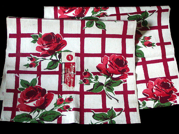 Red Roses Vintage Startex Kitchen Towels, Pair NOS