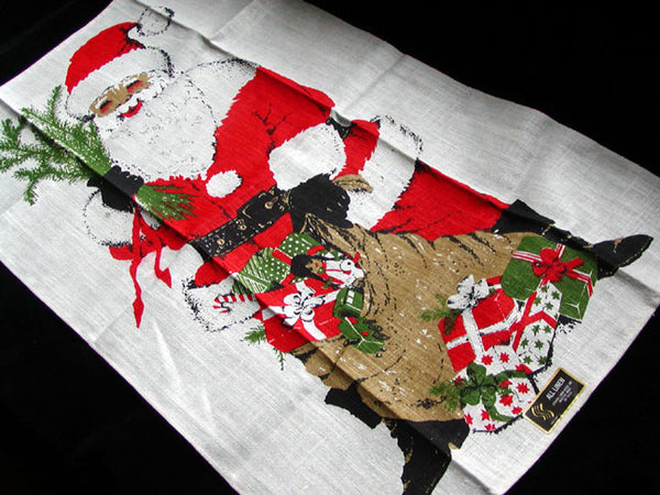 Christmas Santa w Sack of Toys Vintage Linen Kitchen Towel MWT