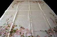 Pink Floral Still Life Vintage Tablecloth, Linen 51x70