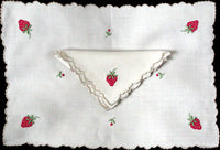 Appliqued Strawberry Madeira Vintage Linen Placemat Napkin Set
