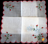 Blue Tremblers & Red Embroidered Flowers Vintage Handkerchief