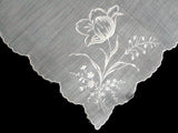 Embroidered White Tulip Vintage Handkerchief, Switzerland