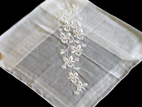 White Violets Swag Embroidered Vintage Handkerchief