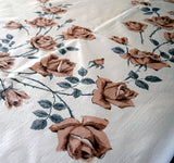 Tan Roses and Gray Leaves Vintage Tablecloth 74x58