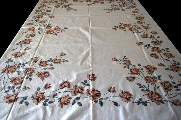 Tan Roses and Gray Leaves Vintage Tablecloth 74x58