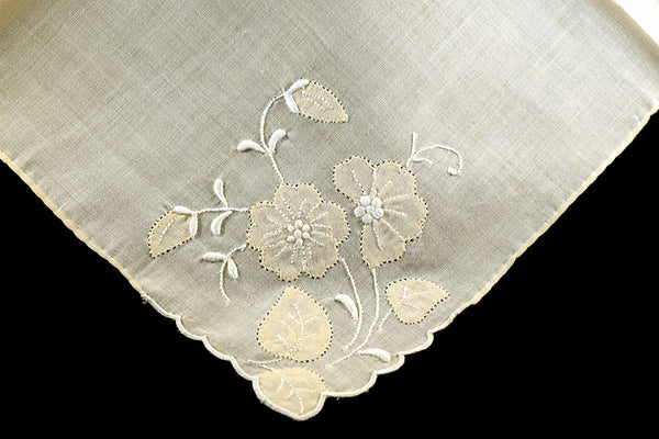 Embroidered Tan and White Madeira Floral Vintage Handkerchief