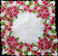 Tropical Red and Pink Flowers Vintage Handkerchief, 14 inches
