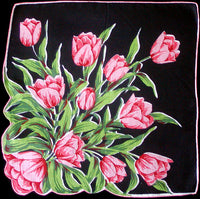 Pink Tulips on Black Vintage Linen Handkerchief NOS