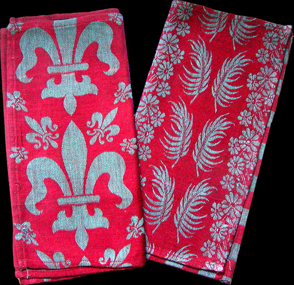 Antique Turkey Red & Blue Damask Towels, Pair
