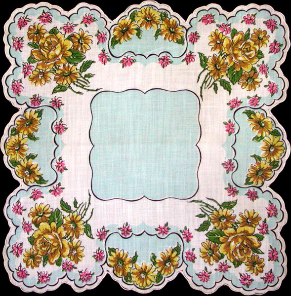 Yellow & Pink Floral Scalloped Vintage Handkerchief
