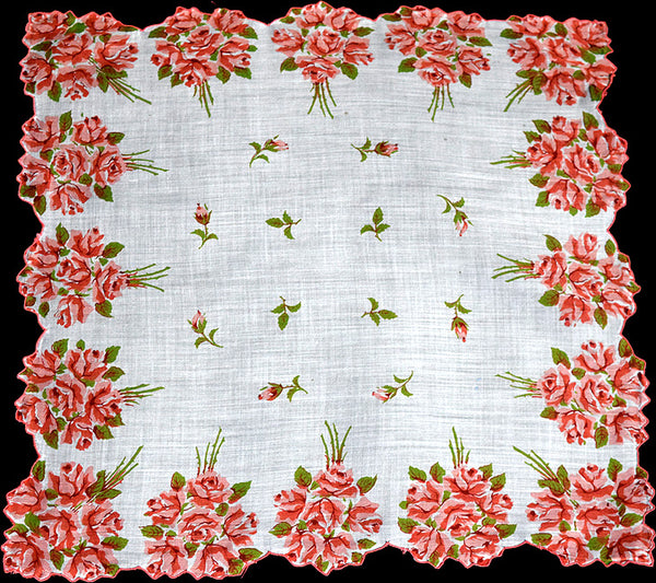 Border of Redwood Rose Nosegays Vintage Handkerchief