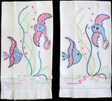 Underwater Fish Embroidered Vintage Linen Towels, Pair