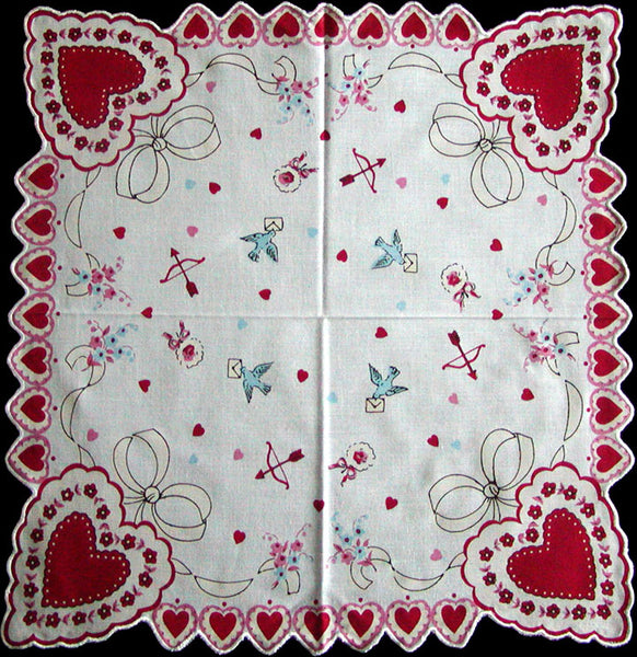 Hearts and Bluebirds w Love Letters Valentines Day Handkerchief