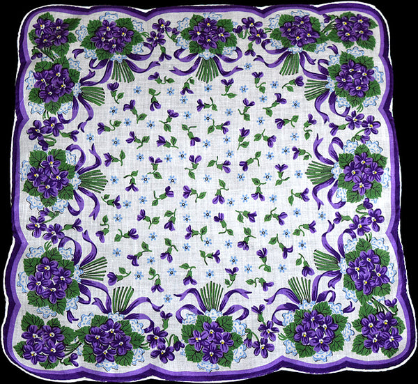 Purple Violets Blue Nosegays Linen Vintage Handkerchief
