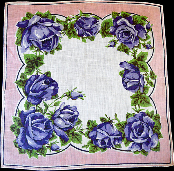 Purple Roses Irish Linen Vintage Handkerchief