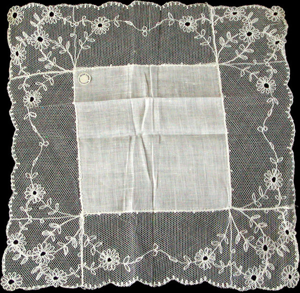 Flowered Lace & Linen Vintage White Bridal Wedding Handkerchief