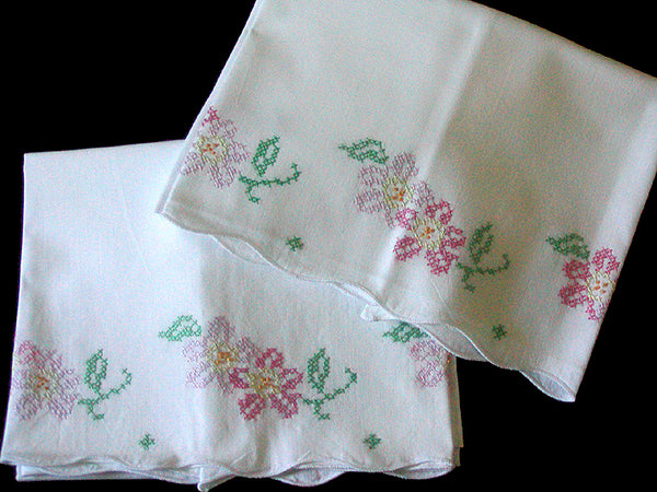 PR Floral Cross Stitch Hand Embroidered Vintage Pillowcases