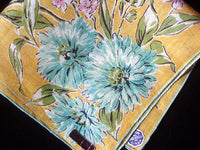 Teal Floral Yellow Irish Linen Vintage Handkerchief, NOS