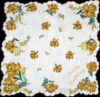 Happy Birthday Yellow Orchids Vintage Handkerchief
