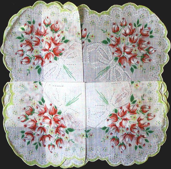 Vermilion Rose Bouquets NOS Vintage Handkerchief